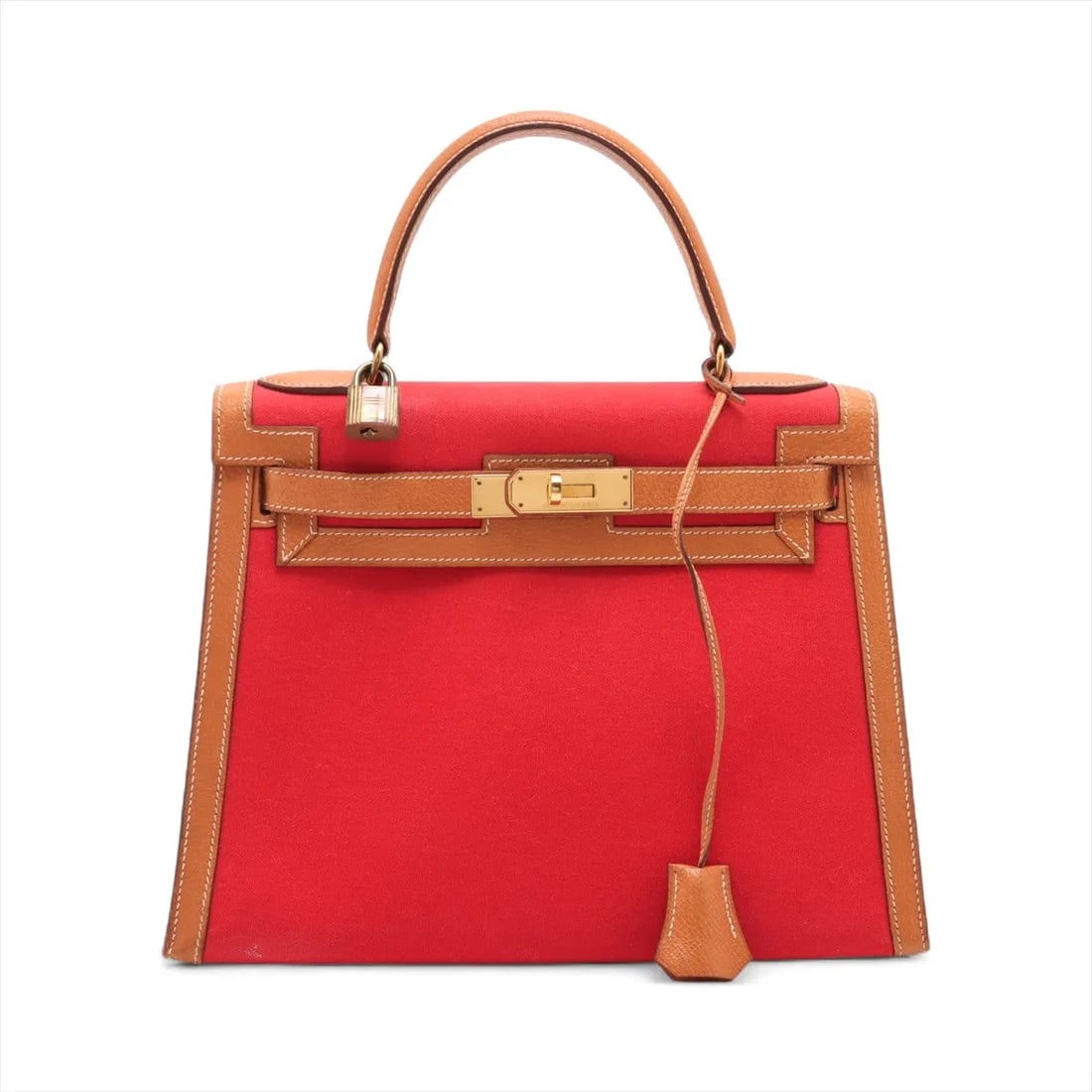 HERMES KELLY 28 SERIE TOILE OFFICIER X PIGSKIN HANDBAG: Hermes Kelly 28 Serie toile officier x pigskin Handbag Brand: Hermès Type/Style: Hand bag Material: TOWAROFFICE X PIGSKIN Color: Red x natural Size: Height:8.1inch Length:11.4inch Depth:4.3inch Handl