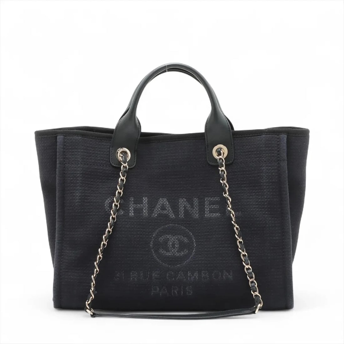 CHANEL DEAUVILLE MM CANVAS X LEATHER 2 WAY HANDBAG TOTE BAG: Chanel Deauville MM canvas x leather 2 Way Handbag Tote bag Brand: Chanel Type/Style: Tote bag Material: Canvas & Leather Color: Black Size: Height:10.2inch Length:13.6inch Depth:6.3inch Handle height