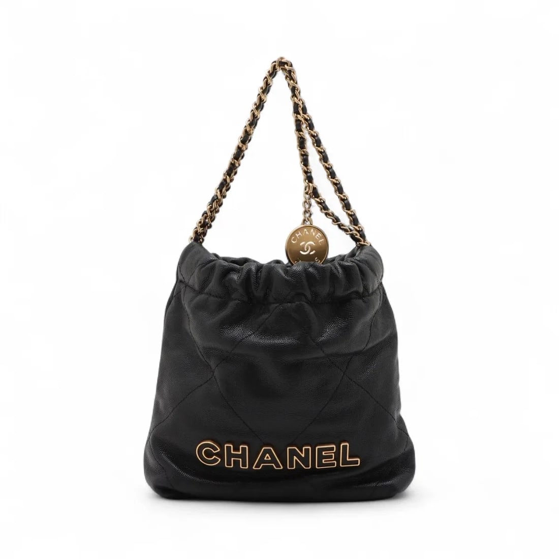 CHANEL 22 MINI GRAINED CALFSKIN CHAIN SHOULDER BAG: Chanel 22 Mini Grained Calfskin Chain Shoulder bag Brand: Chanel Type/Style: Shoulder bag Material: Caviar Skin Color: Black Size: Height:7.3inchLength:6.7inchDepth:2.4inch Accessories: None <