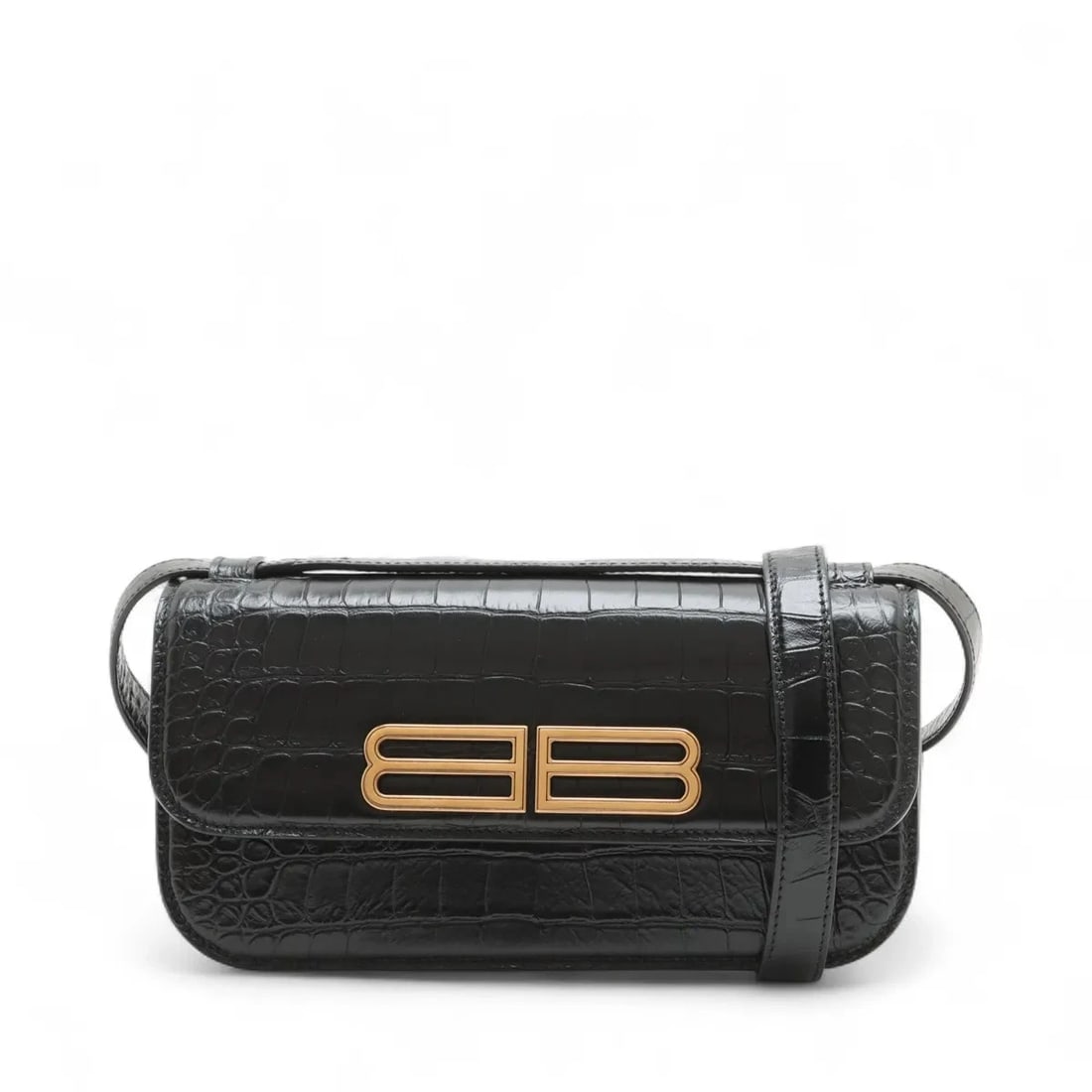 BALENCIAGA GOSSIPING MOCK CROC SHOULDER BAG: Balenciaga gossiping Mock Croc Shoulder Bag Brand: Balenciaga Type/Style: Shoulder bag Material: Mock Croc Color: Black Size: Height:5.1inchLength:9.8inchDepth:3.3inch Accessories: None Ac