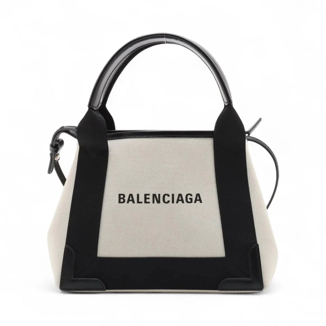 BALENCIAGA NAVY CABAS XS CANVAS & LEATHER 2 WAY HANDBAG HANDBAG: Balenciaga Navy Cabas XS Canvas & Leather 2 Way Handbag Handbag Brand: Balenciaga Type/Style: Hand bag Material: Canvas & Leather Color: Beige x black Size: Height:7.9inch Length:9.6inch Depth:2.8inch