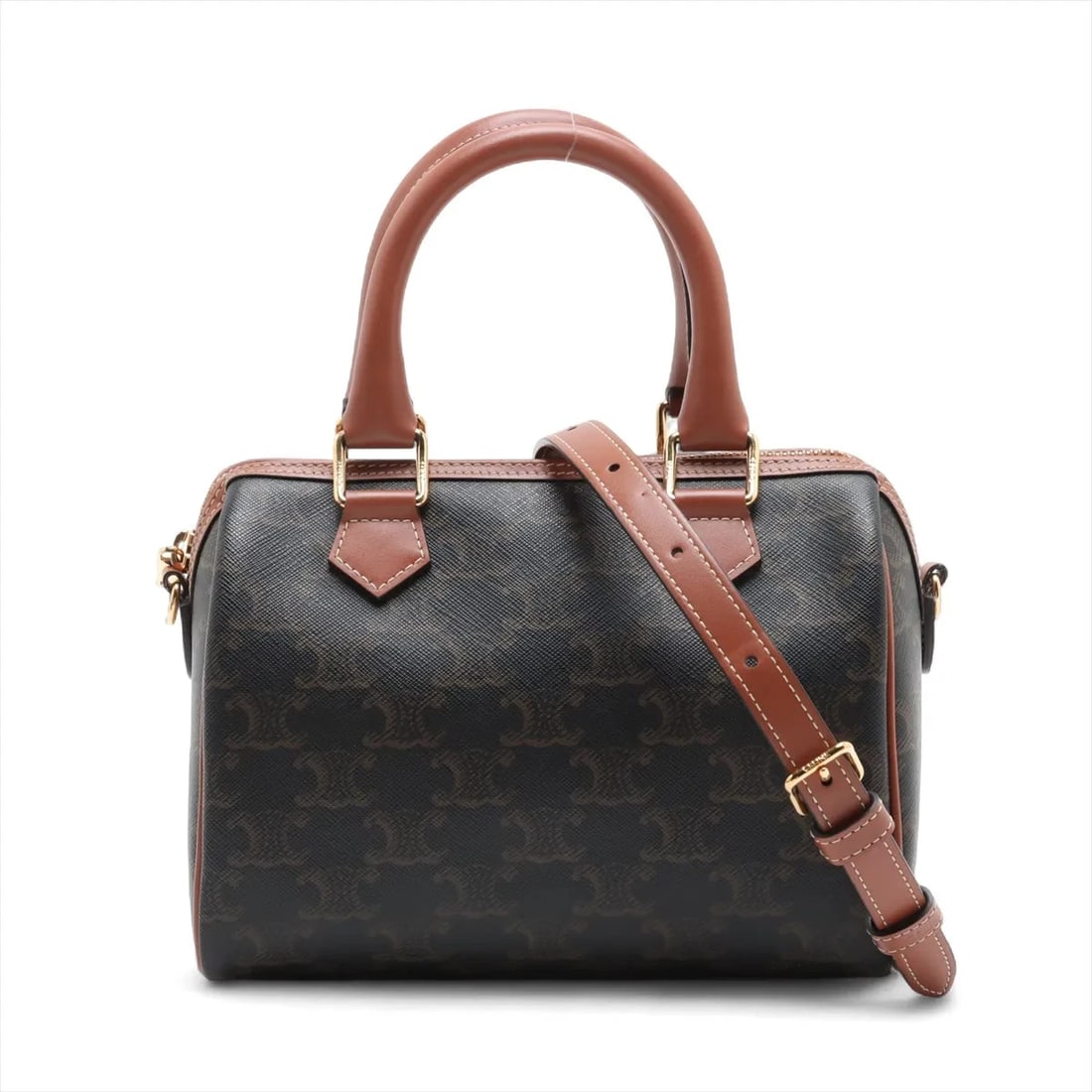 CELINE CUIR TRIOMPHE SMALL BOSTON 2 WAY HANDBAG HANDBAG: Celine Cuir Triomphe Small Boston 2 Way Handbag Handbag Brand: Celine Type/Style: Hand bag Material: PVC & leather Color: Brown Size: Height:5.9inch Length:7.9inch Depth:4.1inch Handle height:3.5inch 