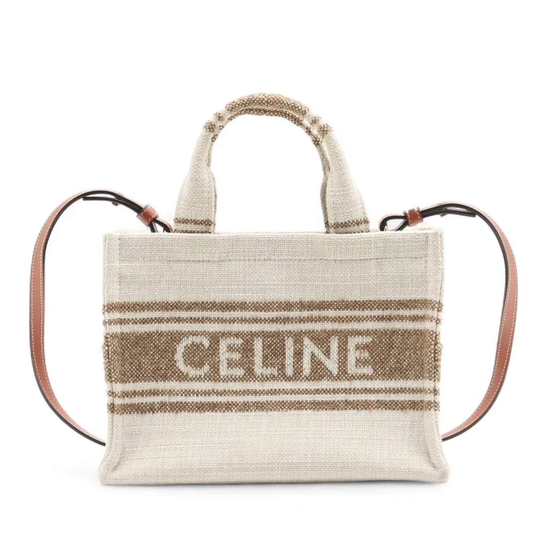 CELINE SMALL CABAS THAISE CANVAS & LEATHER 2 WAY HANDBAG HANDBAG: Celine Small Cabas Thaise Canvas & Leather 2 Way Handbag Handbag Brand: Celine Type/Style: Hand bag Material: Canvas & Leather Color: White x brown Size: Height:7.5inchLength:10.2inch Accessories: