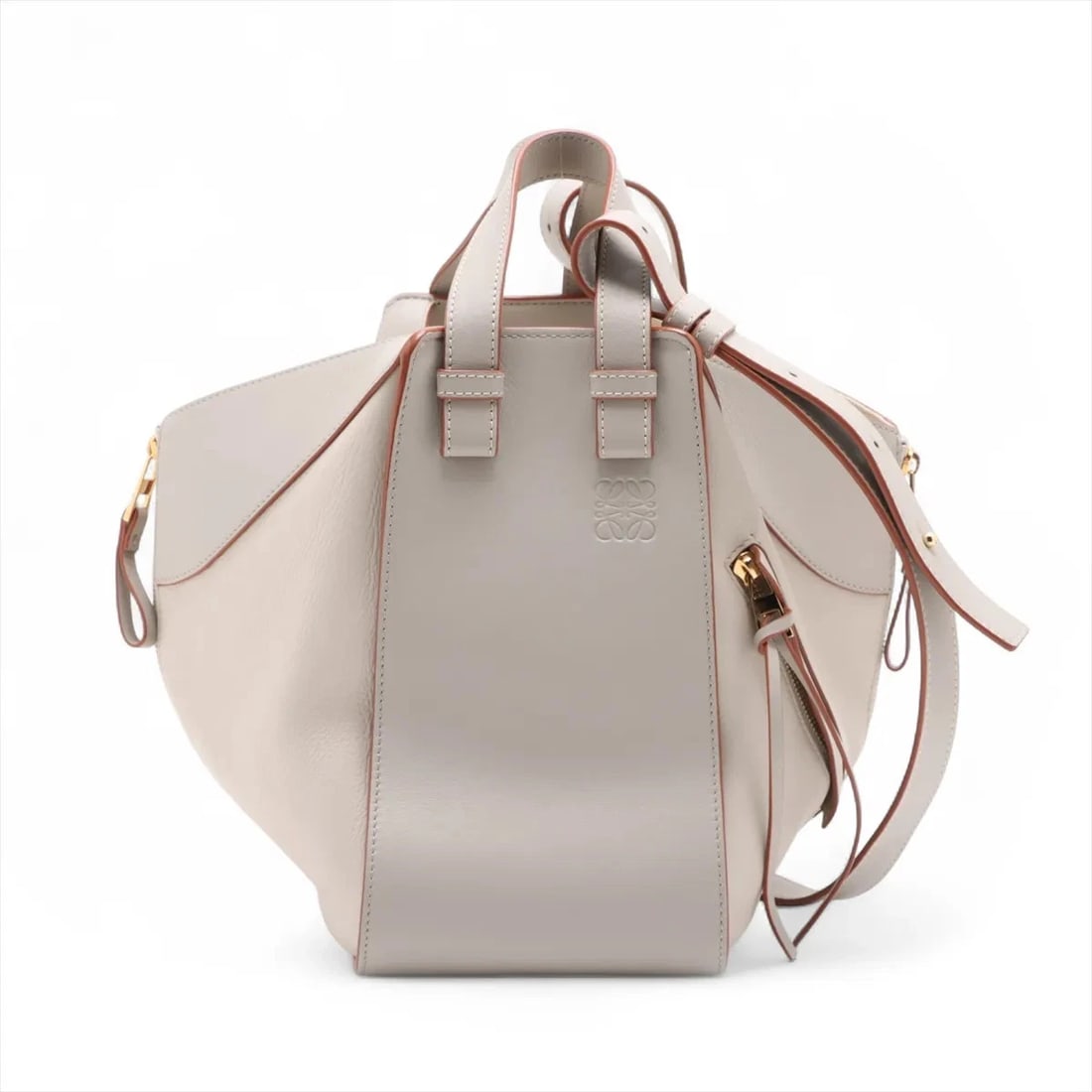 LOEWE HAMMOCK SMALL LEATHER 2 WAY HANDBAG: Loewe Hammock Small Leather 2 Way Handbag Brand: Loewe Type/Style: Hand bag Material: Leather Color: Gray Size: Height:8.5inch Length:5.5inch Depth:8.9inch Handle height:3.9inch Accessories: None