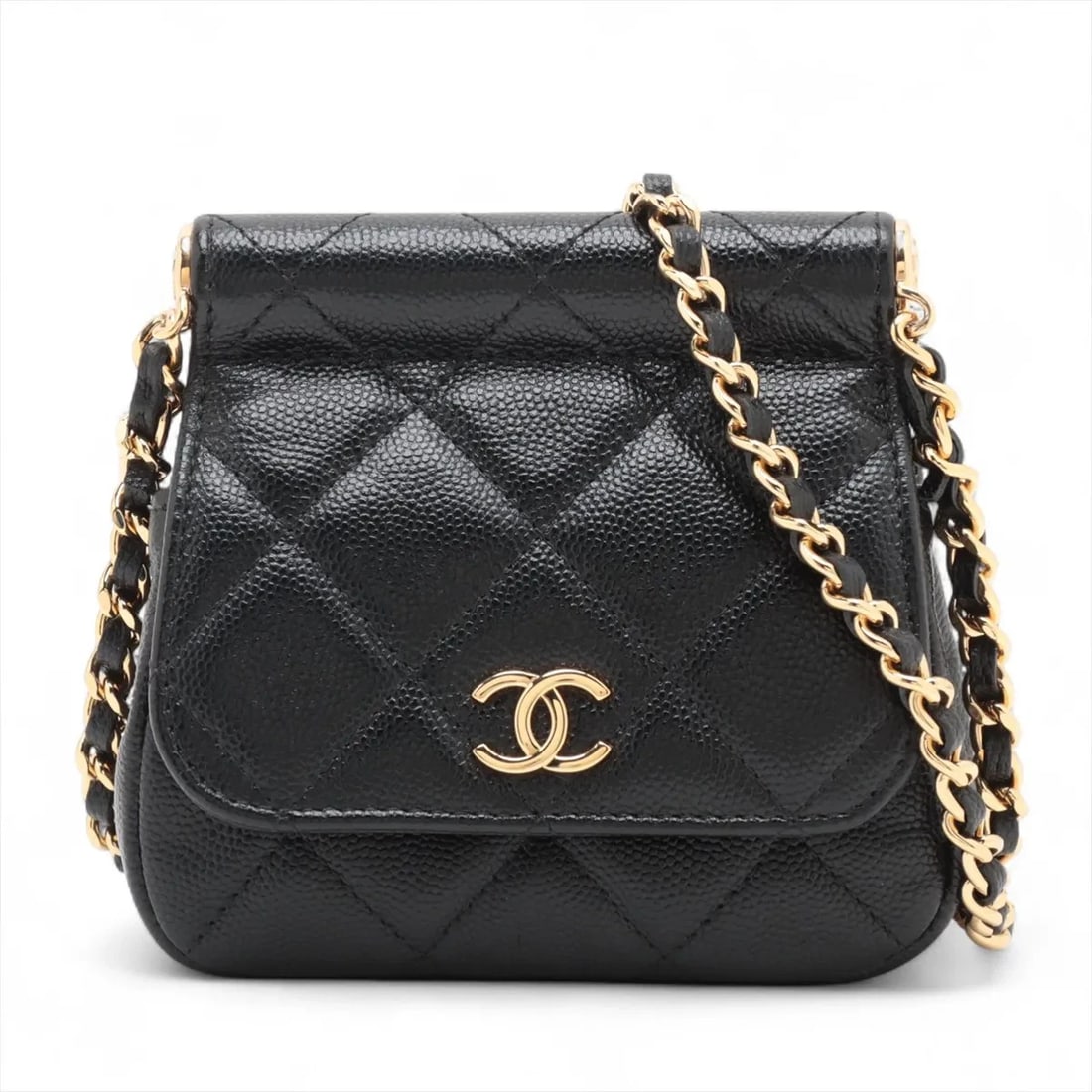 CHANEL MATELASSE GRAINED CALFSKIN CHAIN SHOULDER BAG: Chanel Matelasse Grained Calfskin Chain Shoulder Bag Brand: Chanel Type/Style: Shoulder bag Material: cavier skin Color: Black Size: Height:4.3inchLength:4.5inchDepth:1.8inch Accessories: None