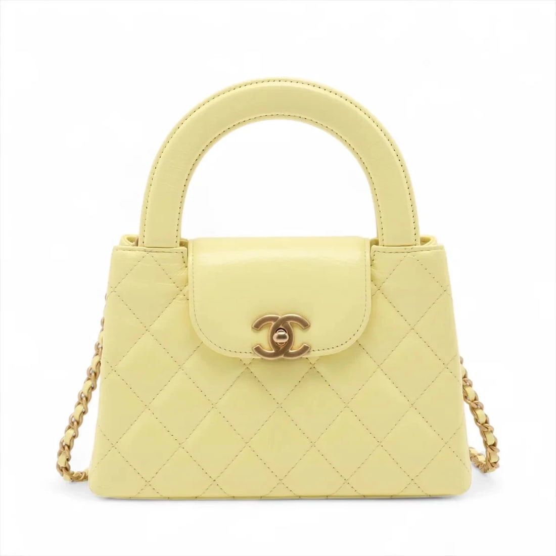 CHANEL MATELASSE LEATHER 2 WAY HANDBAG: Chanel Matelasse Leather 2 Way Handbag Brand: Chanel Type/Style: Hand bag Material: Leather Color: Yellow Size: Height:5.1inch Length:7.3inch Depth:2.4inch Handle height:2.2inch Accessories: None