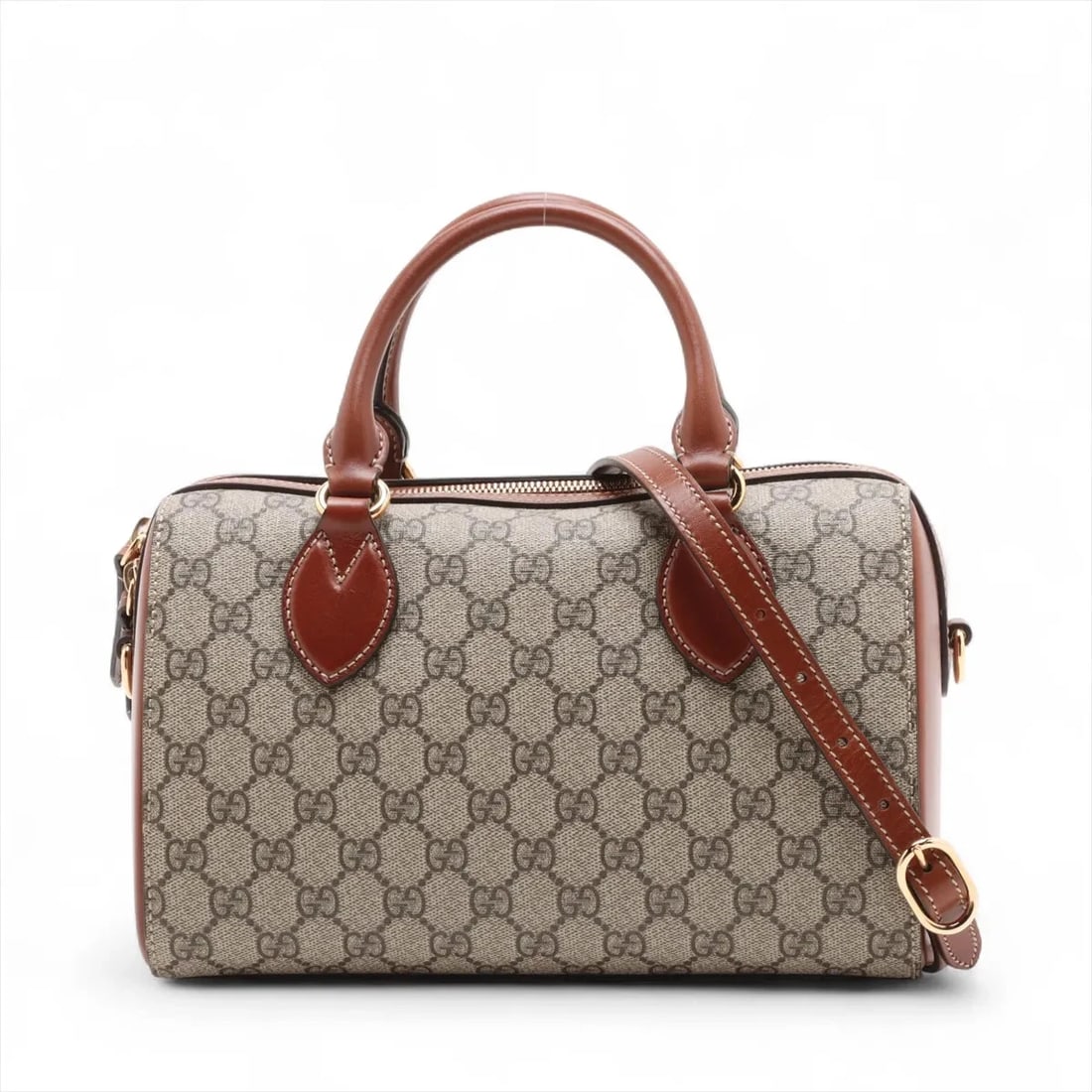 GUCCI GG SUPREME PVC & LEATHER 2 WAY HANDBAG: Gucci GG Supreme PVC & leather 2 Way Handbag Brand: Gucci Type/Style: Hand bag Material: PVC & leather Color: Beige×Brown Size: Height:6.9inch Length:10.2inch Depth:5.5inch Handle height:3.7inch A