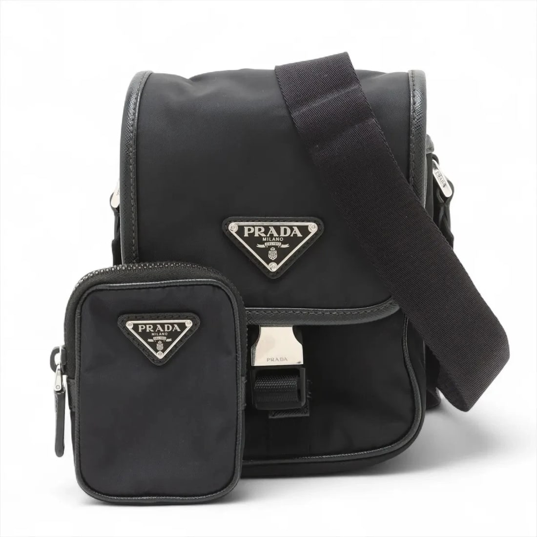 PRADA TESSUTO NYLON & LEATHER SHOULDER BAG: Prada Tessuto Nylon & Leather Shoulder bag Brand: Prada Type/Style: Shoulder bag Material: Nylon & Leather Color: Black Size: Height:7.7inchLength:5.5inchDepth:2.6inch Accessories: None Ac
