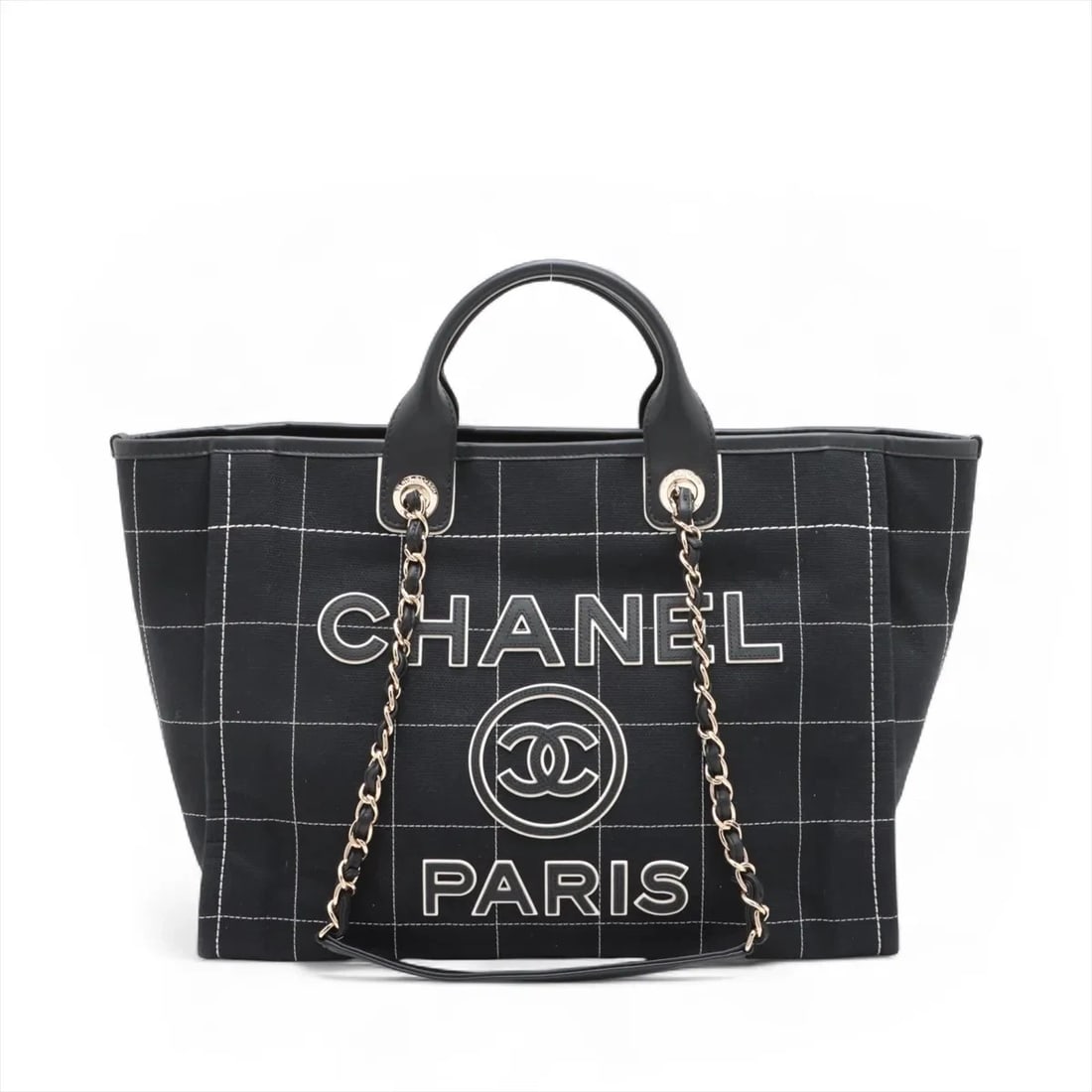 CHANEL DEAUVILLE GM CANVAS X LEATHER 2 WAY TOTE BAG TOTE BAG: Chanel Deauville GM canvas x leather 2 Way Tote Bag Tote bag Brand: Chanel Type/Style: Tote bag Material: Canvas & Leather Color: Black Size: Height:11.6inch Length:15.0inch Depth:7.7inch Handle heigh