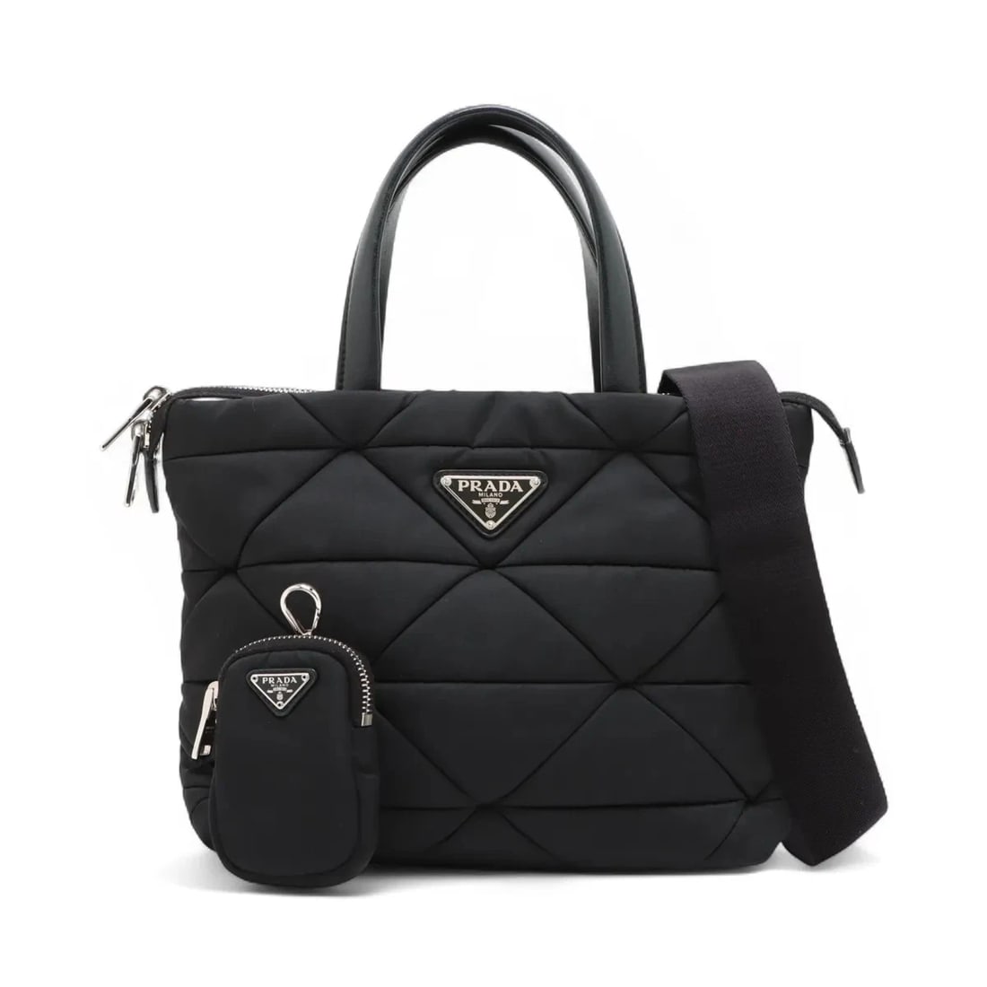 PRADA TESSUTO QUILTING NYLON & LEATHER 2 WAY HANDBAG: Prada Tessuto quilting Nylon & Leather 2 Way Handbag Brand: Prada Type/Style: Hand bag Material: Nylon & Leather Color: Black Size: Height:7.3inch Length:9.3inch Depth:5.3inch Handle height:4.9inch