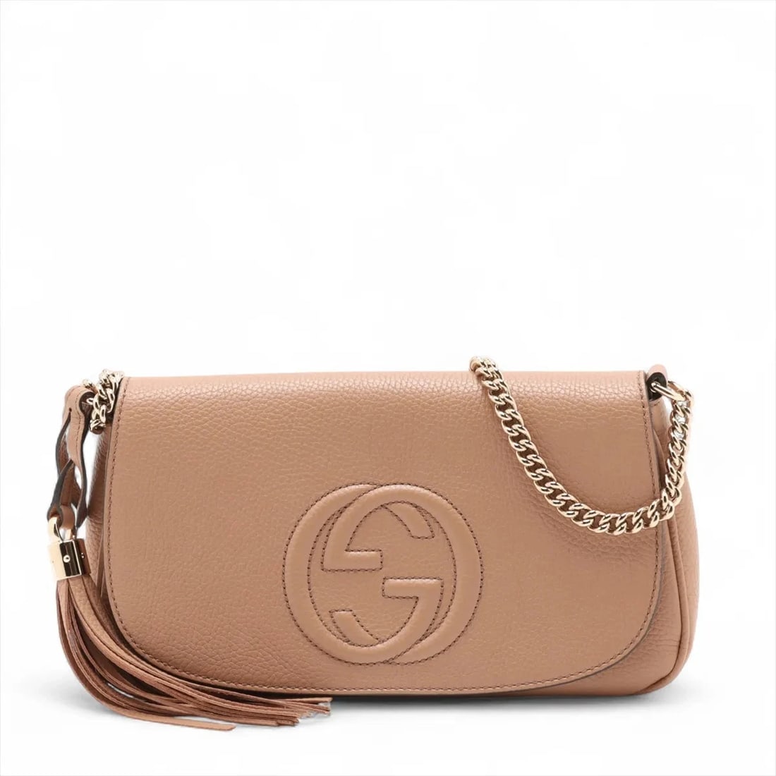 GUCCI SOHO LEATHER CHAIN SHOULDER BAG: Gucci Soho Leather Chain Shoulder Bag Brand: Gucci Type/Style: Shoulder bag Material: Leather Color: Beige Size: Height:5.9inchLength:10.6inchDepth:2.2inch Accessories: None Accessories No