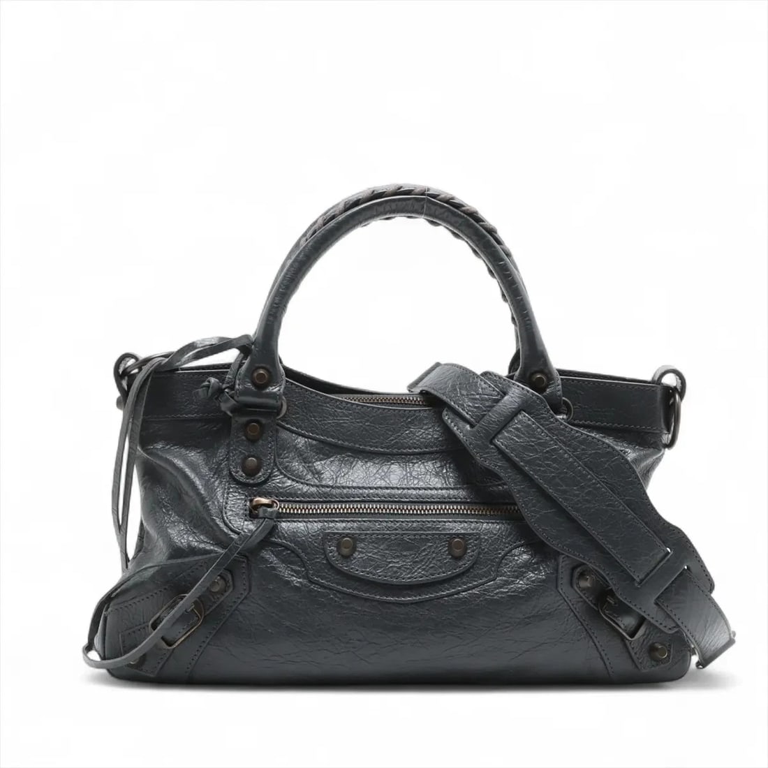 BALENCIAGA THE FIRST LEATHER 2 WAY HANDBAG: Balenciaga The First Leather 2 Way Handbag Brand: Balenciaga Type/Style: Hand bag Material: Leather Color: Gray Size: Height:7.9inch Length:13.0inch Depth:2.4inch Handle height:4.3inch Accessories