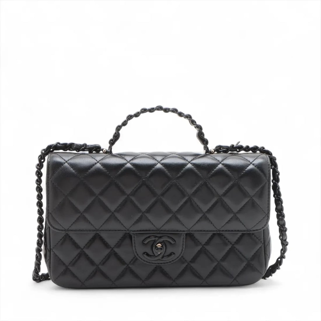 CHANEL MATELASSE LAMBSKIN 2 WAY HANDBAG: Chanel Matelasse Lambskin 2 Way Handbag Brand: Chanel Type/Style: Hand bag Material: Lambskin Color: Black Size: Height:5.5inch Length:9.1inch Depth:2.4inch Handle height:1.6inch Accessories: None