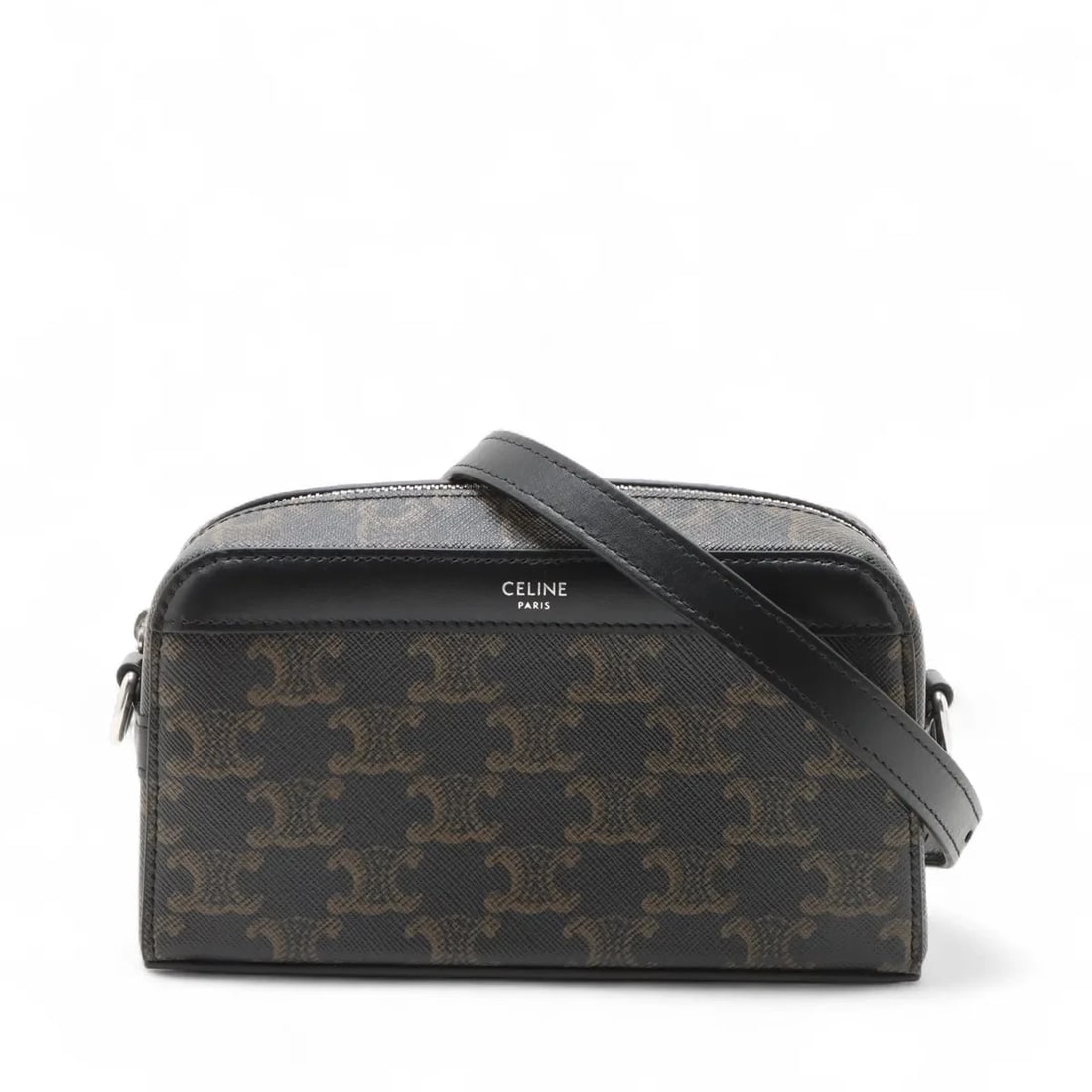CELINE TRIOMPHE PVC & LEATHER SHOULDER BAG: Celine Triomphe PVC & leather Shoulder bag Brand: Celine Type/Style: Shoulder bag Material: PVC & leather Color: Black Size: Height:4.1inchLength:7.3inchDepth:2.0inch Accessories: None Acc