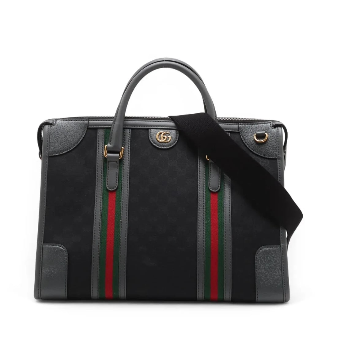 GUCCI GG CANVAS OPHIDIA CANVAS & LEATHER 2 WAY HANDBAG HANDBAG: Gucci GG Canvas Ophidia Canvas & Leather 2 Way Handbag Handbag Brand: Gucci Type/Style: Hand bag Material: Canvas & Leather Color: Black x Gray Size: Height:11.0inch Length:15.7inch Depth:7.9inch Hand