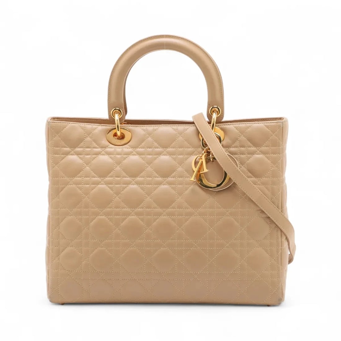 CHRISTIAN DIOR LADY DIOR CANNAGE LARGE 2 WAY HANDBAG: Christian Dior Lady Dior Cannage Large 2 Way Handbag Brand: Christian Dior Type/Style: Hand bag Material: Leather Color: Beige Size: Height:9.6inch Length:12.2inch Depth:4.5inch Handle height:3.9inch 