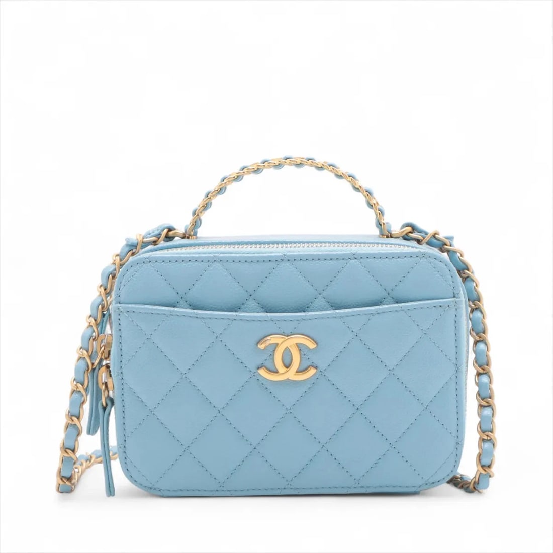 CHANEL MATELASSE GRAINED CALFSKIN 2 WAY SHOULDER BAG: Chanel Matelasse Grained Calfskin 2 Way Shoulder bag Brand: Chanel Type/Style: Shoulder bag Material: Caviar Skin Color: Blue Size: Height:4.7inch Length:6.7inch Depth:3.0inch Handle height:1.2inch