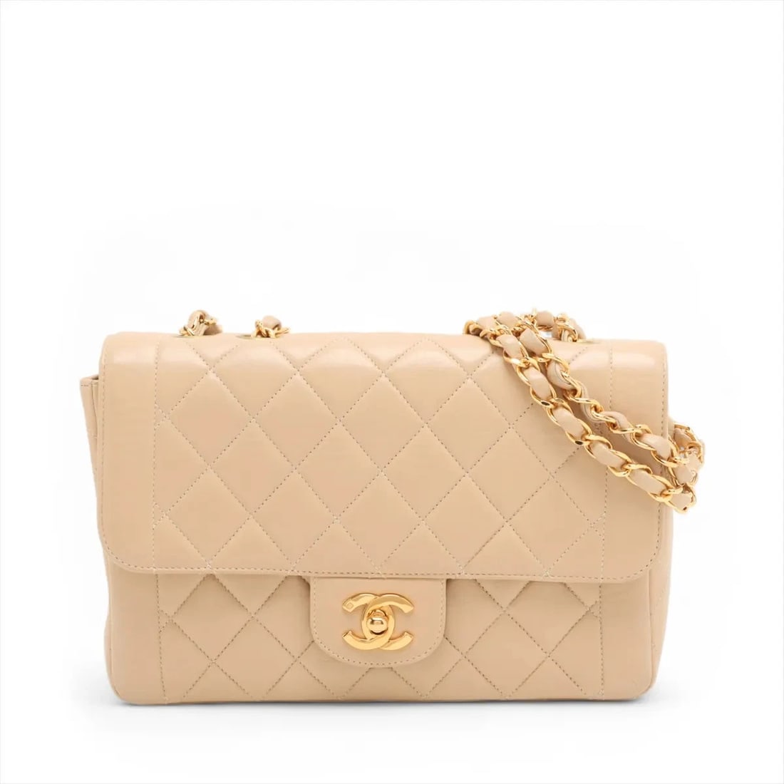 CHANEL MATELASSE SINGLE FLAP DOUBLE CHAIN BAG SHOULDER BAG: Chanel Matelasse Single Flap Double Chain Bag Shoulder bag Brand: Chanel Type/Style: Shoulder bag Material: Lambskin Color: Beige Size: Height:6.1inchLength:8.9inchDepth:2.4inch Accessories: None