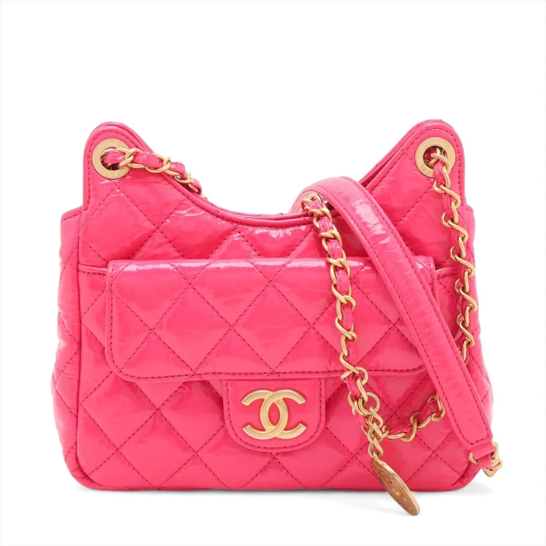 CHANEL SMALL HOBO SHINY CALFSKIN CHAIN SHOULDER BAG: Chanel Small Hobo shiny calfskin Chain Shoulder bag Brand: Chanel Type/Style: Shoulder bag Material: shiny calfskin Color: Pink Size: Height:6.5inchLength:7.1inchDepth:2.0inch Accessories: None