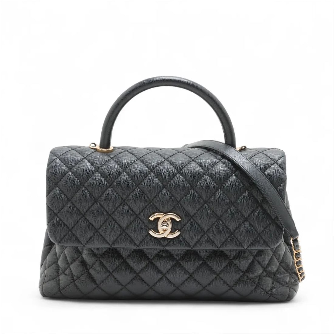 CHANEL COCO HANDLE 33 M CAVIAR SKIN 2 WAY HANDBAG, HANDBAG: Chanel Coco handle 33 M Caviar Skin 2 Way Handbag, Handbag Brand: Chanel Type/Style: Hand bag Material: Caviar Skin Color: Black Size: Height:7.7inch Length:12.6inch Depth:4.3inch Handle height:3.0inc