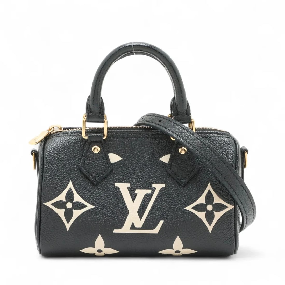 LOUIS VUITTON MONOGRAM EMPREINTE NANO SPEEDY HANDBAG: Louis Vuitton Monogram Empreinte Nano Speedy Handbag Brand: Louis Vuitton Type/Style: Hand bag Material: NONE Color: Black x Beige Size: Height:3.9inch Length:6.7inch Depth:3.0inch Handle height:2.8in
