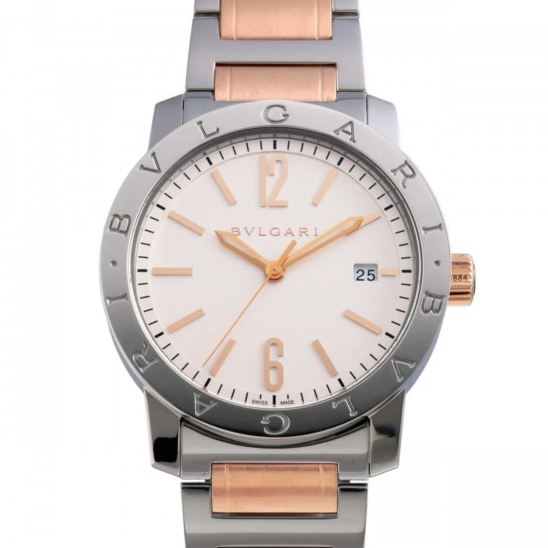 BVLGARI SILVER DIAL WATCH: BVLGARI Silver Dial Watch Brand: BVLGARI Type: Wristwatch Material: stainless Pink gold stainless Pink gold Color: Dial color Silver Size: Bracelet size: 18.0cm Case size: 39.0mm Accessories: None
