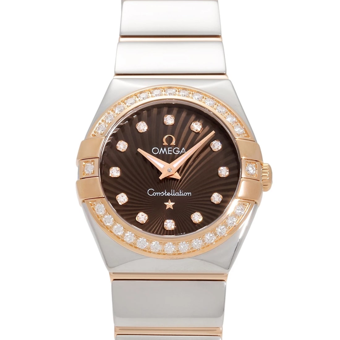 OMEGA CONSTELLATION BROWN DIAL WATCH: OMEGA Constellation Brown Dial Watch Brand: OMEGA Type: Wristwatch Material: stainless Red gold diamond stainless Red gold Color: Dial color Rose/Rome Size: Bracelet size: 18.0cm Case size: 24.0mm