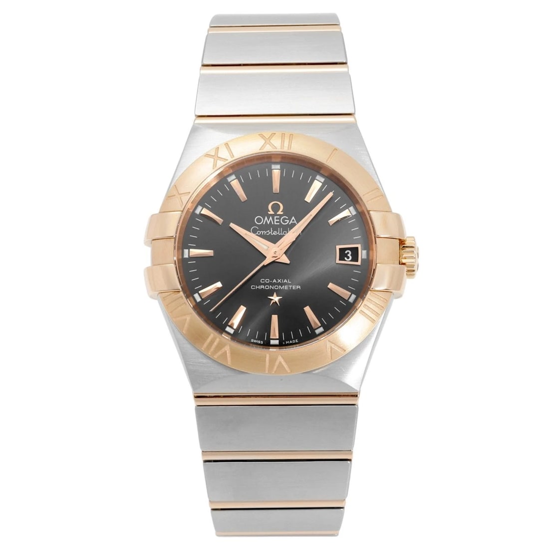 OMEGA CONSTELLATION GRAY DIAL WATCH: OMEGA Constellation gray Dial Watch Brand: OMEGA Type: Wristwatch Material: Pink gold stainless Pink gold stainless Color: Dial color gray Size: Bracelet size: 18.0cm Case size: 35.0mm Accessories