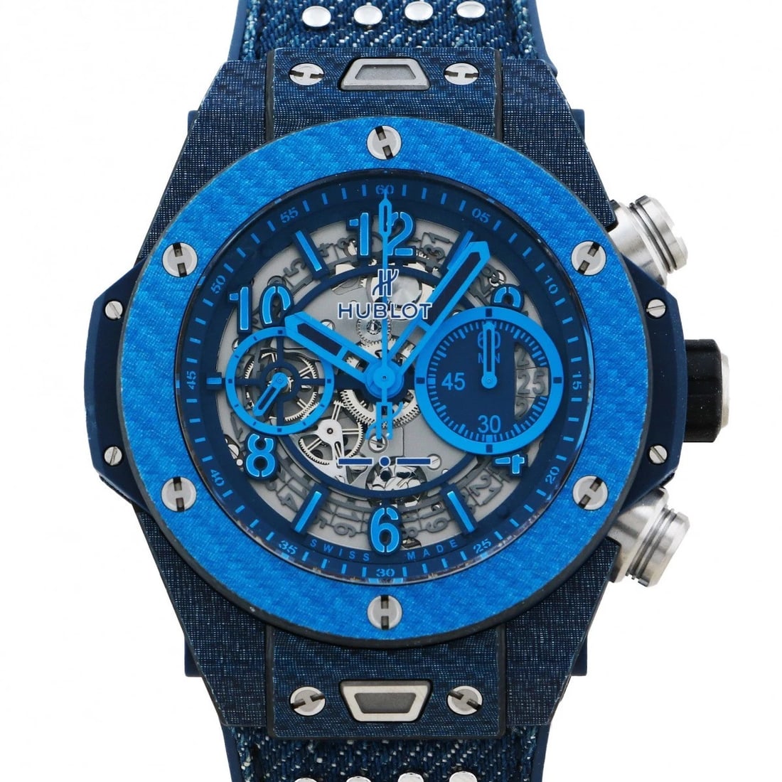 HUBLOT BIG BANG GRAY BLUE DIAL WATCH: HUBLOT big Bang Gray Blue Dial Watch Brand: HUBLOT Type: Wristwatch Material: carbon Blue texarium Textile x rubber rubber Color: Dial color yellow Size: Bracelet size: 19.0cm Case size: 41.0mm Ac