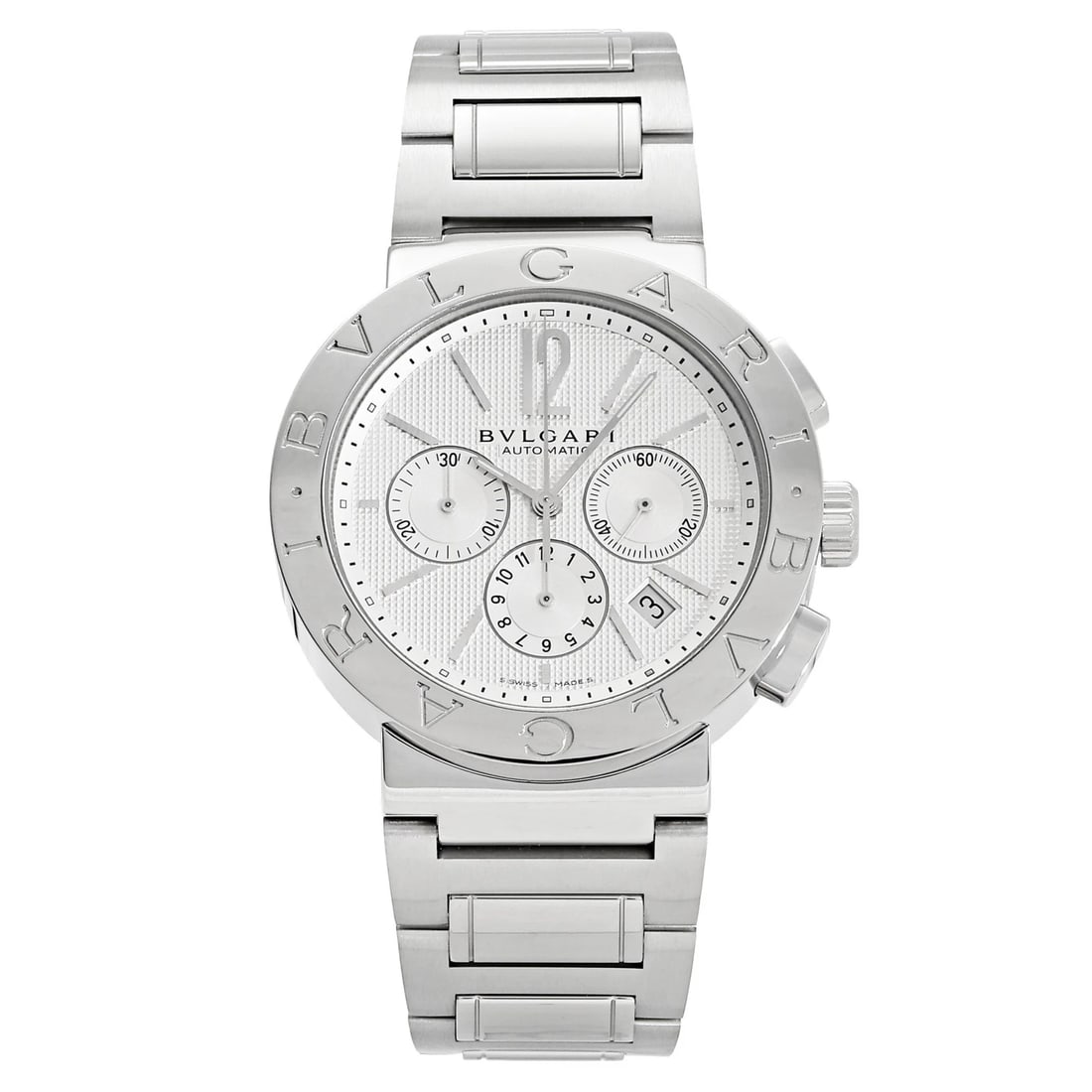 BVLGARI CHRONOGRAPH SILVER DIAL WATCH: BVLGARI Chronograph Silver Dial Watch Brand: BVLGARI Type: Wristwatch Material: SS SS Color: Dial color green Size: Bracelet size: 20.0cm Case size: 42.0mm Accessories: None Accessories No