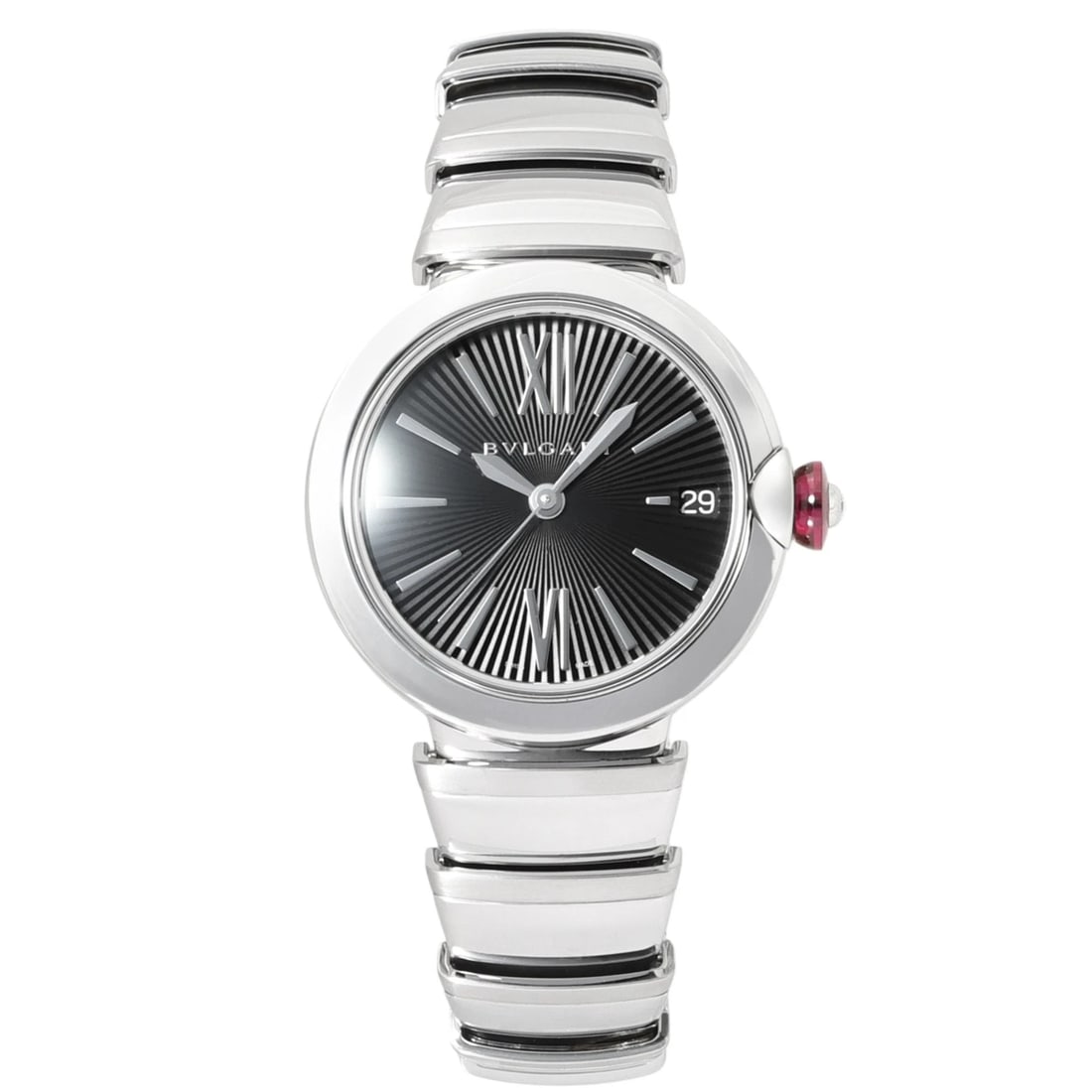 BVLGARI LE CHAIR BLACK DIAL WATCH: BVLGARI Le chair black Dial Watch Brand: BVLGARI Type: Wristwatch Material: SS SS Color: Dial color purple Size: Bracelet size: 18.0cm Case size: 33.0mm Accessories: None Accessories Notic