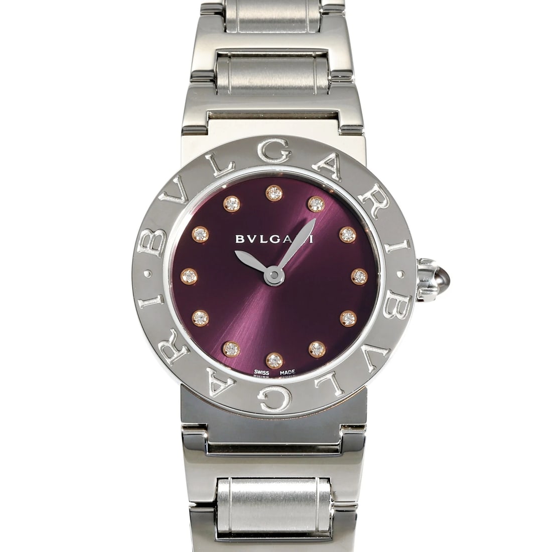 BVLGARI PURPLE DIAL WATCH: BVLGARI purple Dial Watch Brand: BVLGARI Type: Wristwatch Material: Rose gold stainless Rose gold stainless Color: Dial color black Size: Bracelet size: 18.5cm Case size: 41.0mm Accessories: None