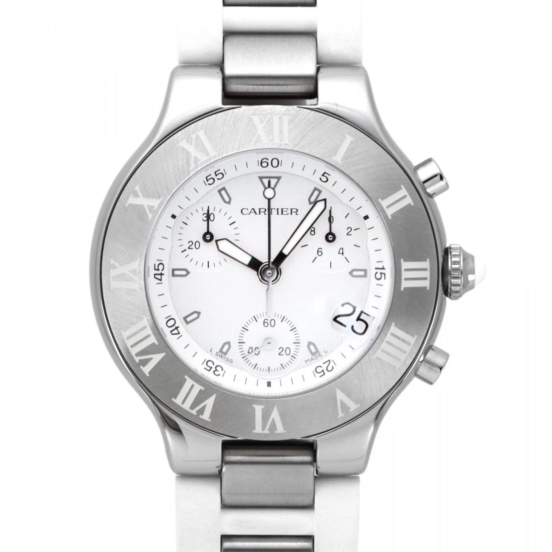 CARTIER MAST KRONOSCUFF WHITE DIAL WATCH: Cartier Mast Kronoscuff white Dial Watch Brand: Outlet Type: Wristwatch Material: stainless rubber stainless rubber Color: Dial color white Size: Bracelet size: 17.0cm Case size: 21.0mm Accessorie