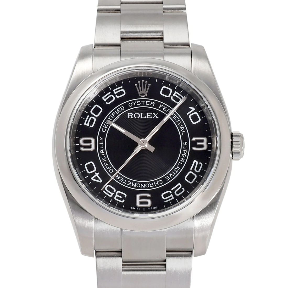 ROLEX OYSTER PERPETUAL CONCENTRIC BLACK/ARABIC DIAL WATCH: Rolex Oyster perpetual Concentric black/arabic Dial Watch Brand: Rolex Type: Wristwatch Material: SS SS Color: Dial color black/arabic Size: Bracelet size: 18.0cm Case size: 36.0mm Accessories: No