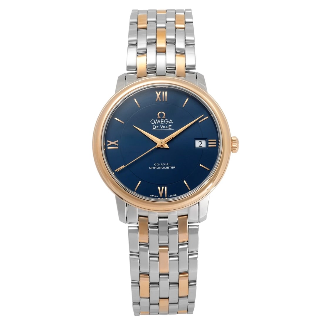 OMEGA DE VILLE BLUE DIAL WATCH: OMEGA De Ville blue Dial Watch Brand: OMEGA Type: Wristwatch Material: stainless Red gold stainless Red gold Color: Dial color blue Size: Bracelet size: 18.0cm Case size: 37.0mm Accessories: None
