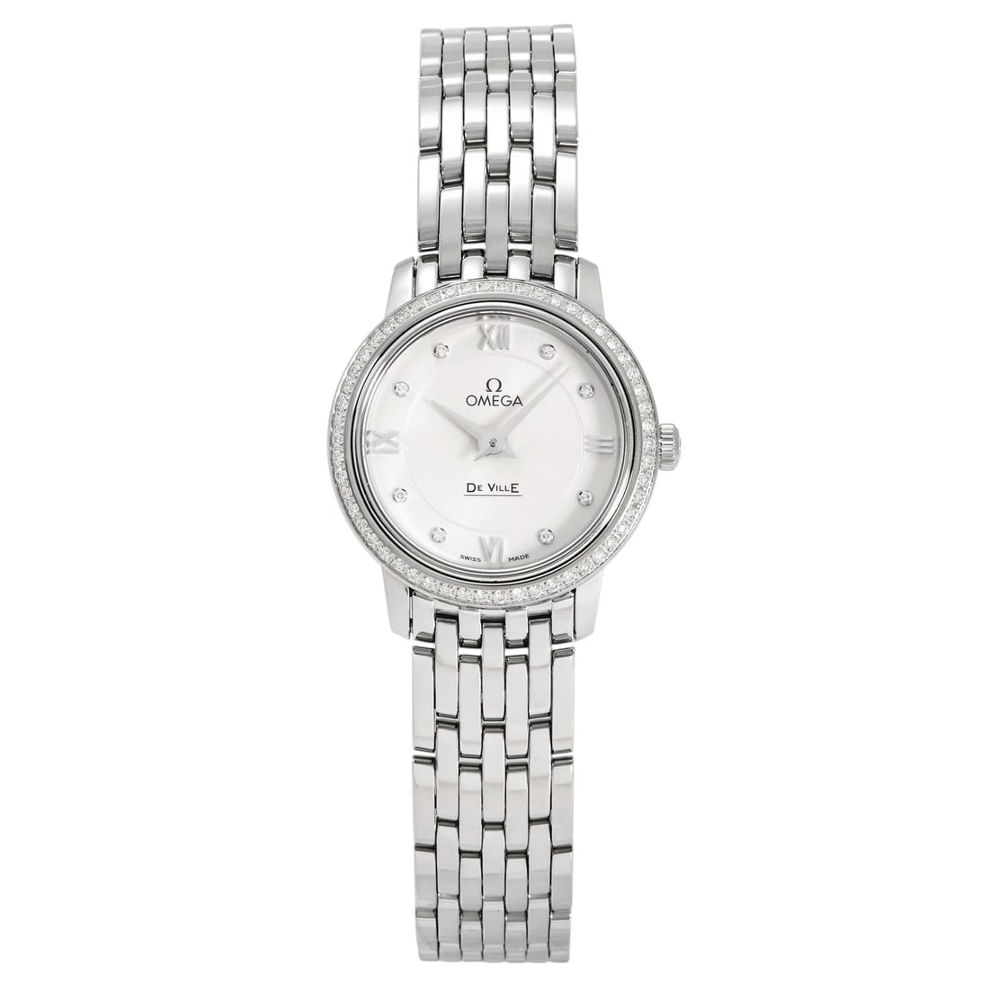 OMEGA DE VILLE PRESTIGE SILVER DIAL WATCH: OMEGA De Ville Prestige Silver Dial Watch Brand: OMEGA Type: Wristwatch Material: stainless diamond stainless Color: Dial color Silver Size: Bracelet size: 18.0cm Case size: 24.0mm Accessories: No