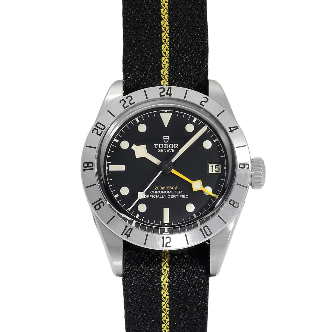 TUDOR BLACK BAY PROFESSIONAL BLACK DIAL WATCH: Tudor Black bay Professional black Dial Watch Brand: Tudor Type: Wristwatch Material: stainless fabric Color: Dial color black Size: Bracelet size: 20.0cm Case size: 41.0mm Accessories: None <