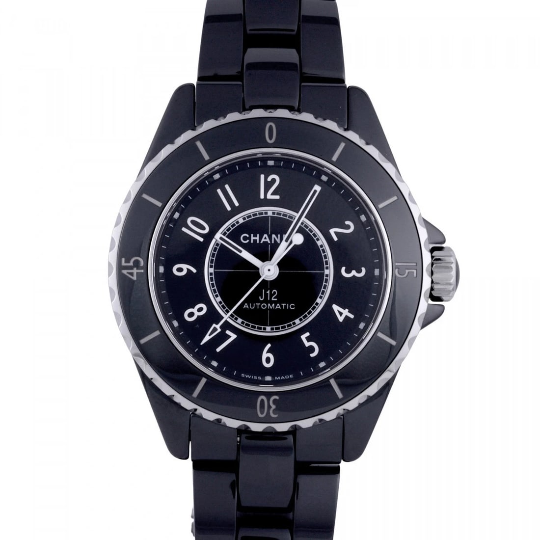CHANEL CALIBER BLACK DIAL WATCH: CHANEL Caliber black Dial Watch Brand: CHANEL Type: Wristwatch Material: ceramic stainless ceramic Color: Dial color black Size: Bracelet size: 18.0cm Case size: 33.0mm Accessories: None A