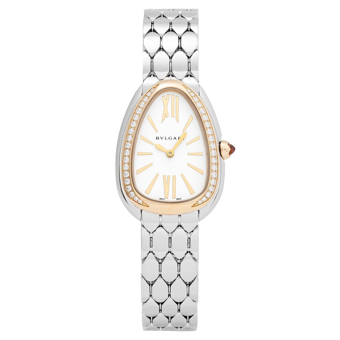 BVLGARI SERPENTI SILVER DIAL WATCH: BVLGARI Serpenti Silver Dial Watch Brand: BVLGARI Type: Wristwatch Material: stainless Pink gold diamond stainless Color: Dial color Silver Size: Bracelet size: 17.5cm Case size: 33.0mm Accessorie
