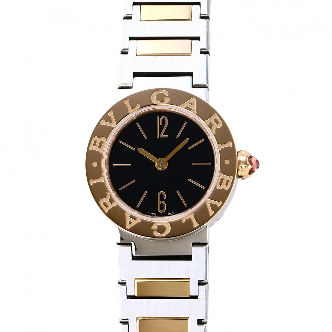 BVLGARI BLACK DIAL WATCH: BVLGARI black Dial Watch Brand: BVLGARI Type: Wristwatch Material: SS PG Color: Dial color black Size: Bracelet size: 18.0cm Case size: 23.0mm Accessories: None Accessories Notice: When pu