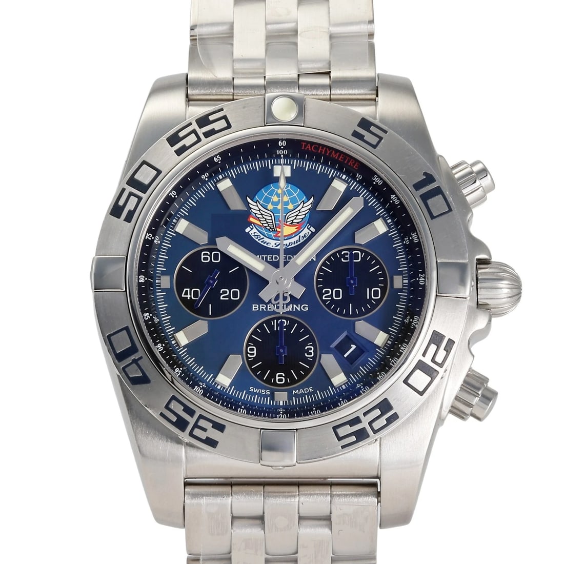 BREITLING CHRONOMAT A BLUE-BLACK DIAL WATCH: BREITLING Chronomat A blue-black Dial Watch Brand: BREITLING Type: Wristwatch Material: SS SS Color: Dial color blue-black Size: Bracelet size: 21.0cm Case size: 44.0mm Accessories: None A