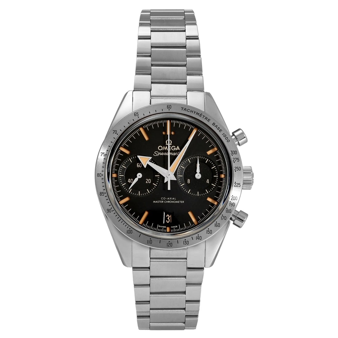 OMEGA SPEEDMASTER BLACK DIAL WATCH: OMEGA Speedmaster black Dial Watch Brand: OMEGA Type: Wristwatch Material: SS SS Color: Dial color black Size: Bracelet size: 20.0cm Case size: 41.0mm Accessories: None Accessories Notice: