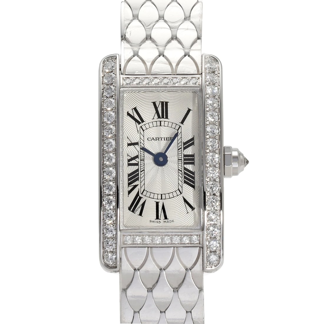 CARTIER TANK AMERICAN MINI SILVER DIAL WATCH: Cartier tank American mini Silver Dial Watch Brand: Cartier Type: Wristwatch Material: White Gold diamond White Gold Color: Dial color Silver Size: Bracelet size: 17.0cm Case size: 25.0mm Accessor