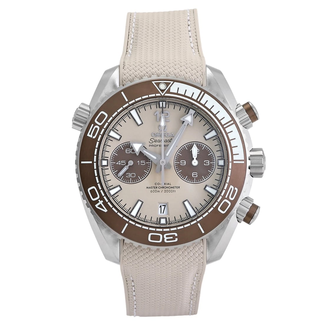 OMEGA SEAMASTER PLANET OCEAN BEIGE DIAL WATCH: OMEGA Seamaster Planet Ocean beige Dial Watch Brand: OMEGA Type: Wristwatch Material: stainless rubber Color: Dial color beige Size: Bracelet size: 21.0cm Case size: 43.0mm Accessories: None <