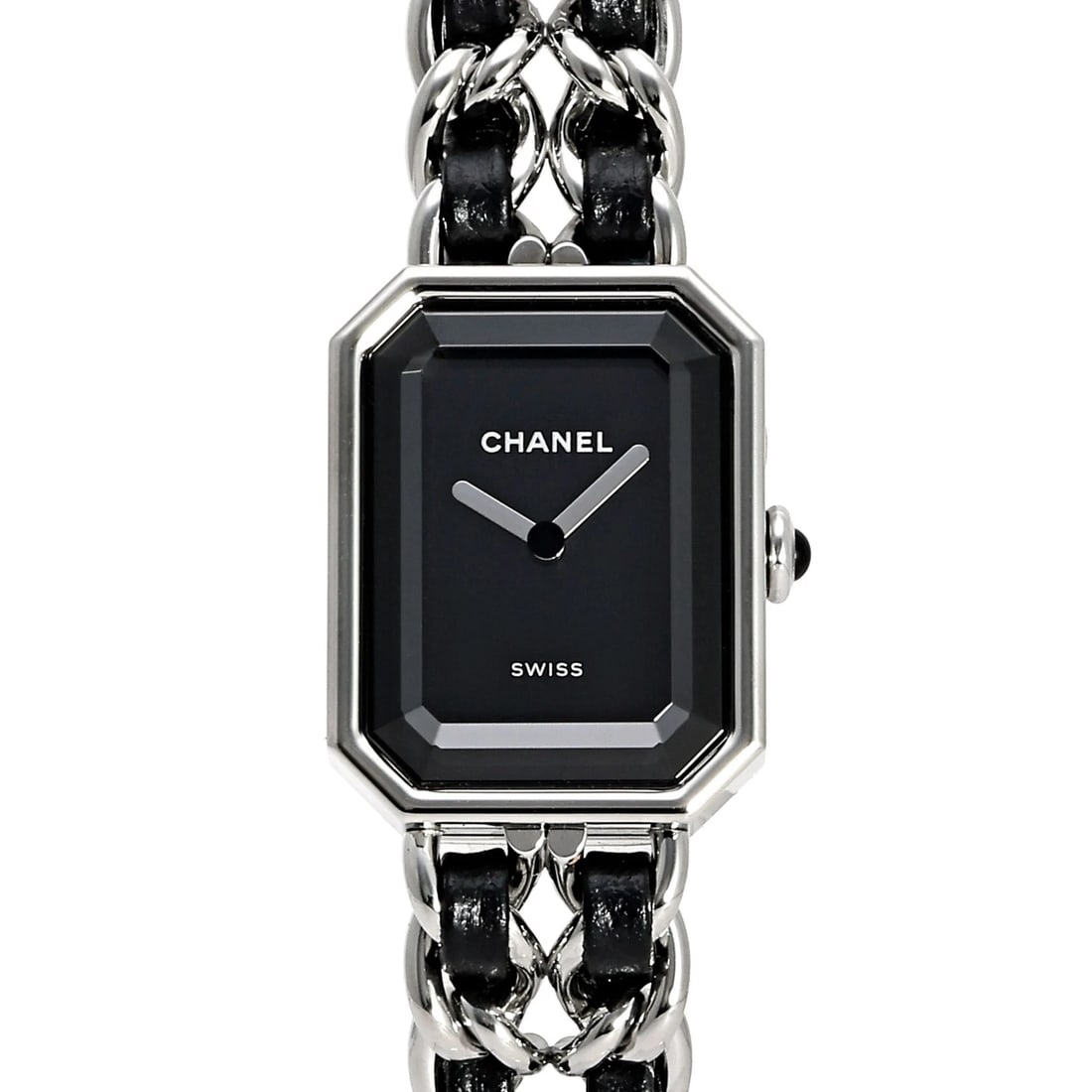 CHANEL PREMIERE ICONIC CHAIN M BLACK DIAL WATCH: CHANEL Premiere Iconic Chain M black Dial Watch Brand: CHANEL Type: Wristwatch Material: stainless onyx stainless calf Color: Dial color black Size: Bracelet size 14.5cm Case size: 26.1 x 20.0mms calf