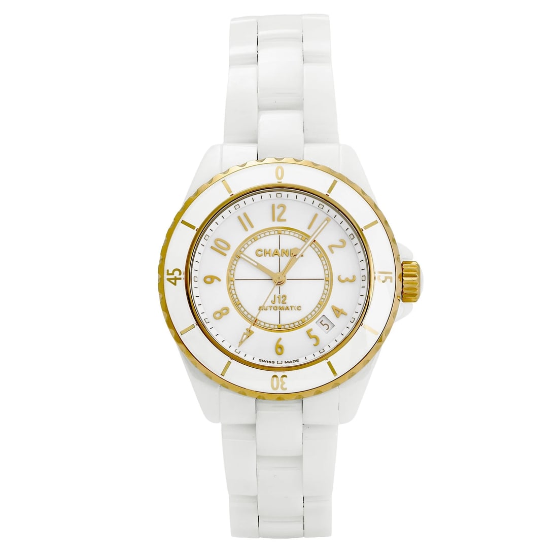 CHANEL CALIBER WHITE/ARABIC DIAL WATCH: CHANEL Caliber White/Arabic Dial Watch Brand: CHANEL Type: Wristwatch Material: ceramic K18 yellow gold ceramic Color: Dial color White/Arabic Size: Bracelet size: 18.0cm Case size: 41.0mm Accesso