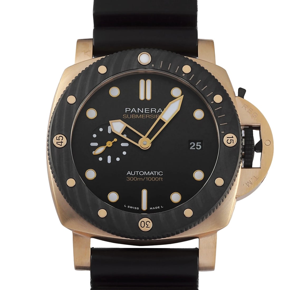 PANERAI SUBMERSIBLE QUARANTA QUATTRO GOLDTECH OROCARBO BLACK DIAL WATCH: PANERAI Submersible Quaranta Quattro Goldtech Orocarbo black Dial Watch Brand: PANERAI Type: Wristwatch Material: Gold tech Carbotech rubber Color: Dial color black Size: Bracelet size: 20.0cm Case si