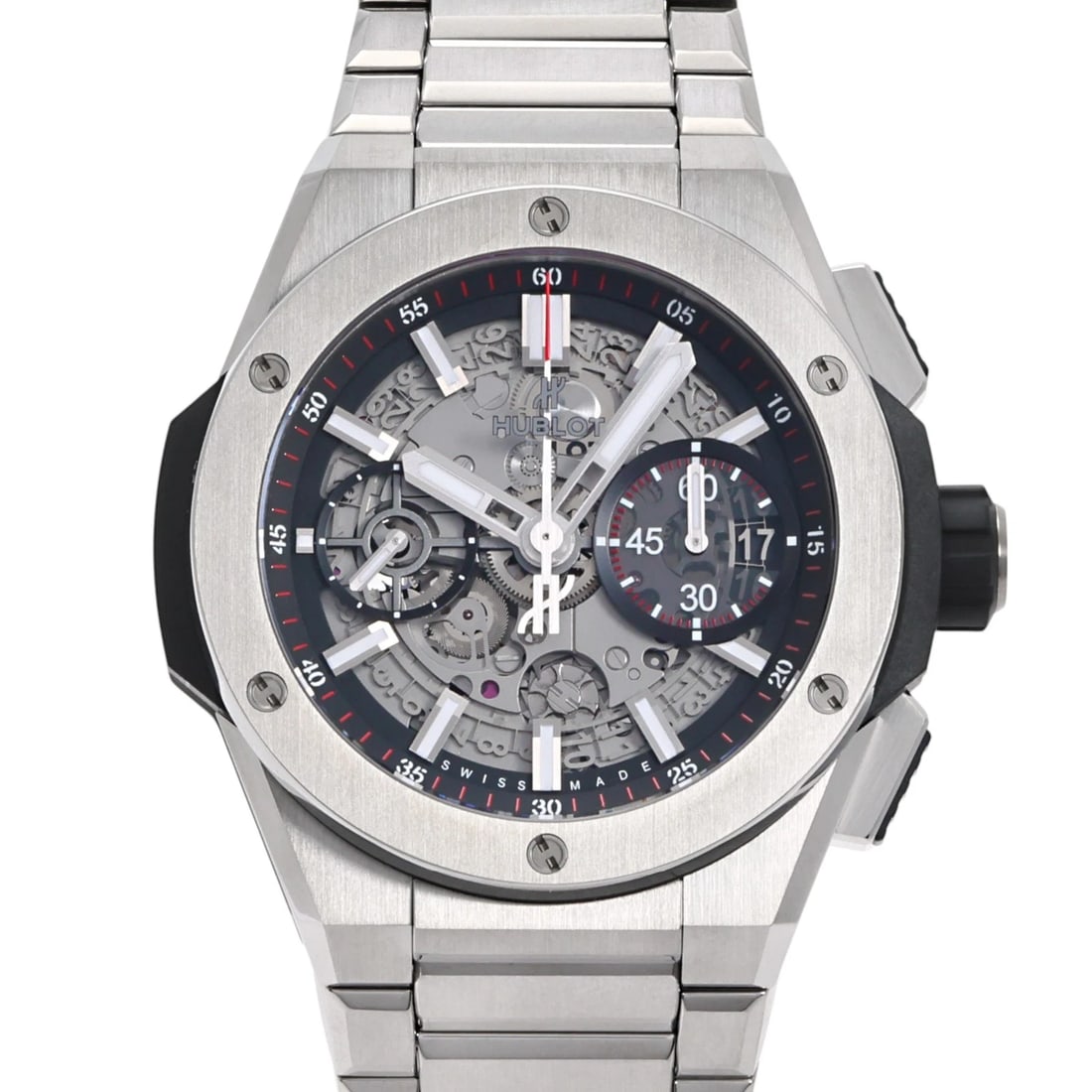 HUBLOT BIG BANG INTEGRATED TITANIUM SILVER DIAL WATCH: HUBLOT big Bang integrated titanium Silver Dial Watch Brand: HUBLOT Type: Wristwatch Material: Titanium Titanium Color: Dial color Silver Size: Bracelet size: 20.0cm Case size: 44.0mm Accessories: