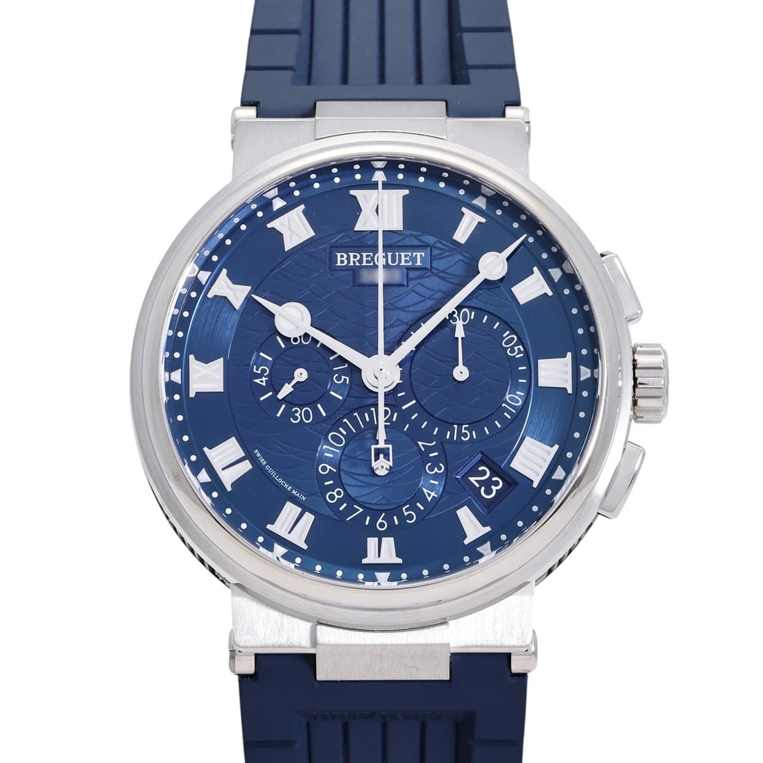 BREGUET MARINE CHRONOGRAPH BLUE DIAL WATCH: Breguet Marine Chronograph blue Dial Watch Brand: Breguet Type: Wristwatch Material: White Gold rubber Color: Dial color blue Size: Bracelet size: 20.0cm Case size: 44.0mm Accessories: None
