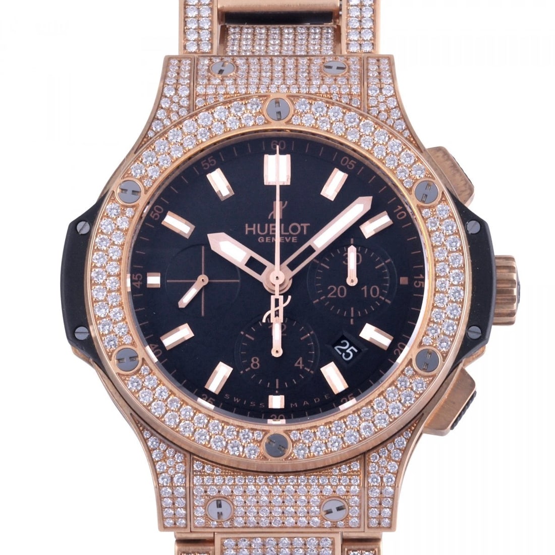 HUBLOT BIG BANG GOLD BRACELET PAVE BLACK DIAL WATCH: HUBLOT big Bang gold bracelet pave black Dial Watch Brand: HUBLOT Type: Wristwatch Material: Pink gold diamond Pink gold diamond Color: Dial color black Size: Bracelet size: 21.0cm Case size: 44.0mm